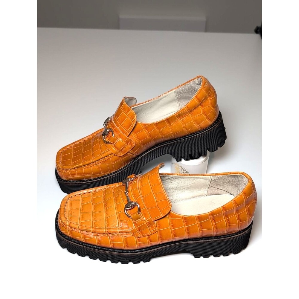 INTENTIONALLY BLANK Orange Croc-Embossed Lug Sole Mules with Silver Bit
